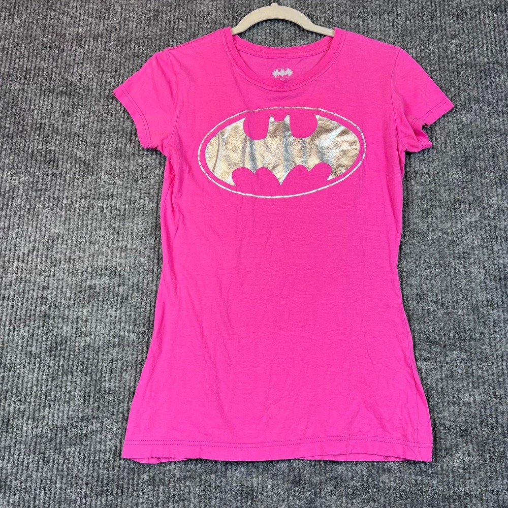 Batman Graphic T-Shirt Cotton Pink Silver Foil Logo Slim Fit Barbiecore Y2K L